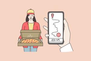 Pizza livraison fille courrier dans porte, suivi commande en ligne sur téléphone intelligent. commande nourriture à restaurant en utilisant téléphone portable application. livrer, emporter, Fast food concept. vecteur illustration.