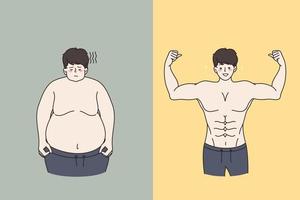 homme avant après poids perte. malheureux peu sûr obèse graisse Masculin et souriant musclé tonique. en bonne santé mode de vie concept. suivre un régime et nutrition planification. sport et exercice résultat. vecteur illustration.