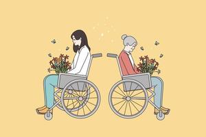 content diverse femmes dans fauteuil roulant ressentir fou de joie flatté avec floral bouquet. souriant femelles avec invalidité plaisir avec printemps fleurs. gens avec santé condition. vecteur illustration.