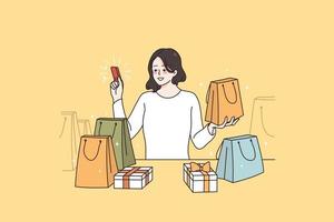 achats avec crédit carte concept. souriant asiatique femme permanent avec beaucoup achats Sacs en portant rouge crédit carte dans main sentiment positif vecteur illustration