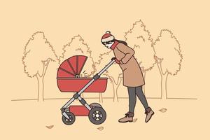 content maternité et parentalité concept. Jeune positif aimant femme mère en marchant avec sa bébé dans poussette dans l'automne parc en plein air vecteur illustration