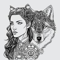 fille avec le Loup est une frappant vue. sa perçant yeux et fort présence complément le sauvage la nature de le Loup par sa côté. une puissant duo vecteur