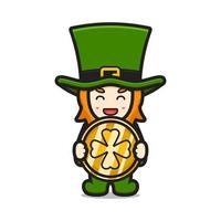 mignon, lutin, saint patrick jour, caractère, tenue, trèfle, pièce, dessin animé, vecteur, icône, illustration vecteur