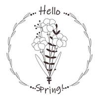 ligne bouquet avec fleurs, branches et texte Bonjour printemps. carré modèle, griffonnage, logo, icône avec fleurs, feuilles. vecteur