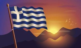 Grèce drapeau avec montagnes et le coucher du soleil dans le Contexte vecteur