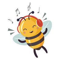 marrant abeille la musique amoureux jouit musique. dessin animé abeille mignonne personnage dans plat style. vecteur illustration.