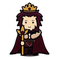 Le personnage de mascotte de roi mignon porte manteau et couronne et tenant le personnel doré dessin animé vecteur icône illustration