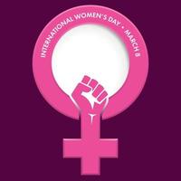 Titre international aux femmes journée à l'intérieur le symbole de femme dans rose avec une fermé poing à l'intérieur le symbole sur foncé violet Contexte vecteur