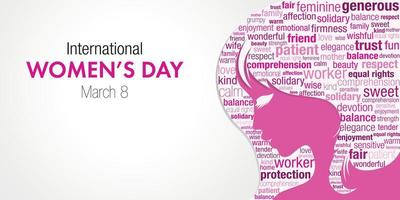 international aux femmes journée Titre avec une silhouette de une femme visage et une nuage de mots à l'intérieur le silhouette dans rose et violet couleurs sur une blanc Contexte vecteur