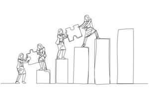 illustration de femme d'affaires et équipe apporter puzzle à le Haut. concept de travail en équipe. continu ligne art style vecteur