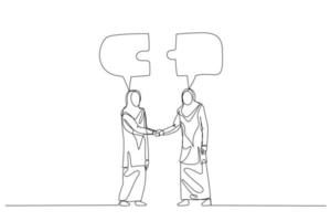 dessin animé de musulman femme avec affaires partenaire relier bavarder bulle. concept de discussion. un ligne art style vecteur