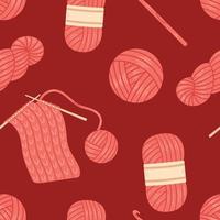 vecteur sans couture modèle avec la laine fil des balles et écheveaux, tricot aiguilles et crochet crochets. Contexte avec tricot outils dans rouge couleurs. confortable artisanat passe-temps. modèle avec la laine fil dans plat conception.