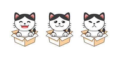 illustration de dessin animé de vecteur ensemble de chat montrant différentes émotions dans des boîtes en carton