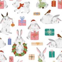 lapin de noël, lapin, lièvre vecteur modèle sans couture avec couronne de l'avent, boîte-cadeau, cadeau, bonnet de noel, sapin de noël, écharpe rouge, bois de cerf, bulle, oiseau robin. bonne année 2023 texture