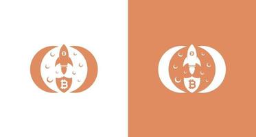 fusée à travers l & # 39; illustration de la lune, volant de la fusée bitcoin dans l & # 39; espace, logo de la lune de la fusée moderne vecteur