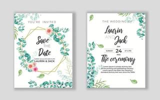 carte d'invitation florale dorée de mariage enregistrer la conception de la date avec des fleurs roses vecteur