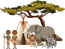 Tribu africaine avec groupe d'animaux africains sauvages sur fond blanc vecteur