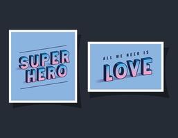 3d super héros et lettrage d'amour sur la conception de vecteur de fond bleu