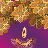 joyeux diwali bougie et fleurs arabesque or sur la conception de vecteur de fond dégradé rose et violet