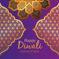 joyeux diwali or arabesque fleurs et cadres sur la conception de vecteur de fond violet