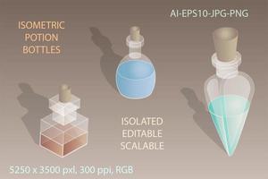 3 formes de bouteilles de potions isométriques vecteur