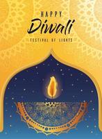 Carte de bougie joyeux diwali avec fond de mandala arabesque vecteur