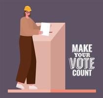 femme à la boîte de vote avec faire votre vote compter la conception de vecteur de texte