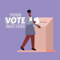 femme noire à la boîte de vote avec votre vote compte la conception de vecteur de texte