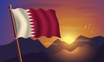 Qatar drapeau avec montagnes et le coucher du soleil dans le Contexte vecteur