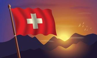 Suisse drapeau avec montagnes et le coucher du soleil dans le Contexte vecteur