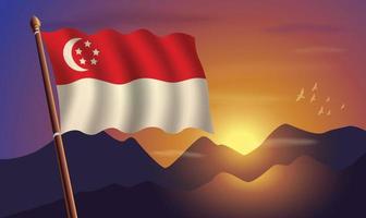 Singapour drapeau avec montagnes et le coucher du soleil dans le Contexte vecteur
