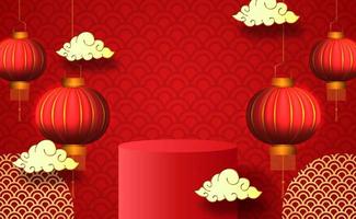 podium du nouvel an chinois, lanternes et nuages vecteur