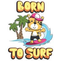vecteur illustration de mignonne peu tigre avec une planche de surf, marrant Contexte dessin animé style pour des gamins pour garderie conception, été des sports T-shirt impression