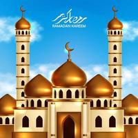 bâtiment de la mosquée dôme doré avec fond de ciel bleu et. modèle de bannière affiche événement islamique événement mois sacré vecteur