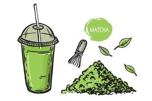 ensemble de matcha, illustrations dessinées à la main. vecteur