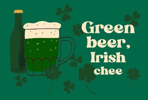 Saint Patrick s journée carte conception avec stylisé illustration agresser de Bière sur vert Contexte vecteur