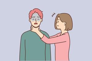 agressif femme étouffement homme se disputer ou querelle avec amoureux. jaloux furieux femelle étouffer Masculin. relation problèmes. vecteur illustration.