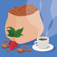 grains de café, sac, tasse, baies et feuilles vector design