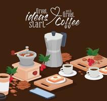 café moka pot, moulin, tasses, smartphone, haricots, baies et feuilles vector design