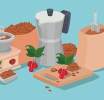 café moka pot, sac, moulin, haricots, baies et feuilles vector design