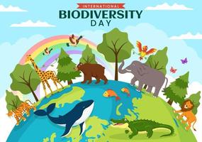 monde la biodiversité journée sur mai 22 illustration avec biologique diversité, Terre et animal dans plat dessin animé main tiré pour atterrissage page modèles vecteur