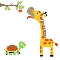 mignonne tortue avec girafe essayer à cueillette fruit, vecteur dessin animé illustration