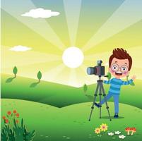mignonne garçons prise photo en utilisant téléphone intelligent et caméra dessin animé vecteur illustration