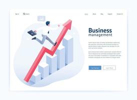 conception de site Web de gestion d'entreprise ui ux. homme d'affaires en cours d'exécution sur la flèche rouge et les éléments isométriques infographiques. vecteur