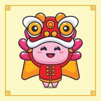 mignonne axolotl en jouant Lion Danse dans chinois Nouveau an. vecteur