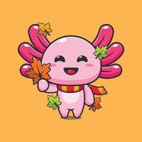 mignonne axolotl en portant l'automne feuille dessin animé vecteur illustration.