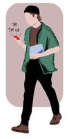 une homme des promenades en portant une téléphone intelligent dans une froussard et branché tenue avec une portable ou tablette dans le sien main vecteur
