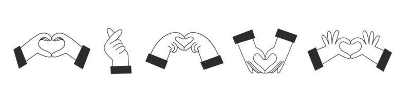mains faire une forme de une cœur avec des doigts. la Saint-Valentin journée et l'amour symbole. romantique geste. vecteur plat illustration ensemble.