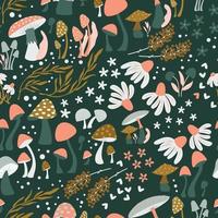 champignon et fleur sans couture modèle avec magnifique fleurs, feuilles et bourgeons. magnifique des bois jardin dans la nature. coloré vecteur illustration.