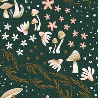 champignon et fleur sans couture modèle avec magnifique fleurs, feuilles et bourgeons. magnifique des bois jardin dans la nature. coloré vecteur illustration.